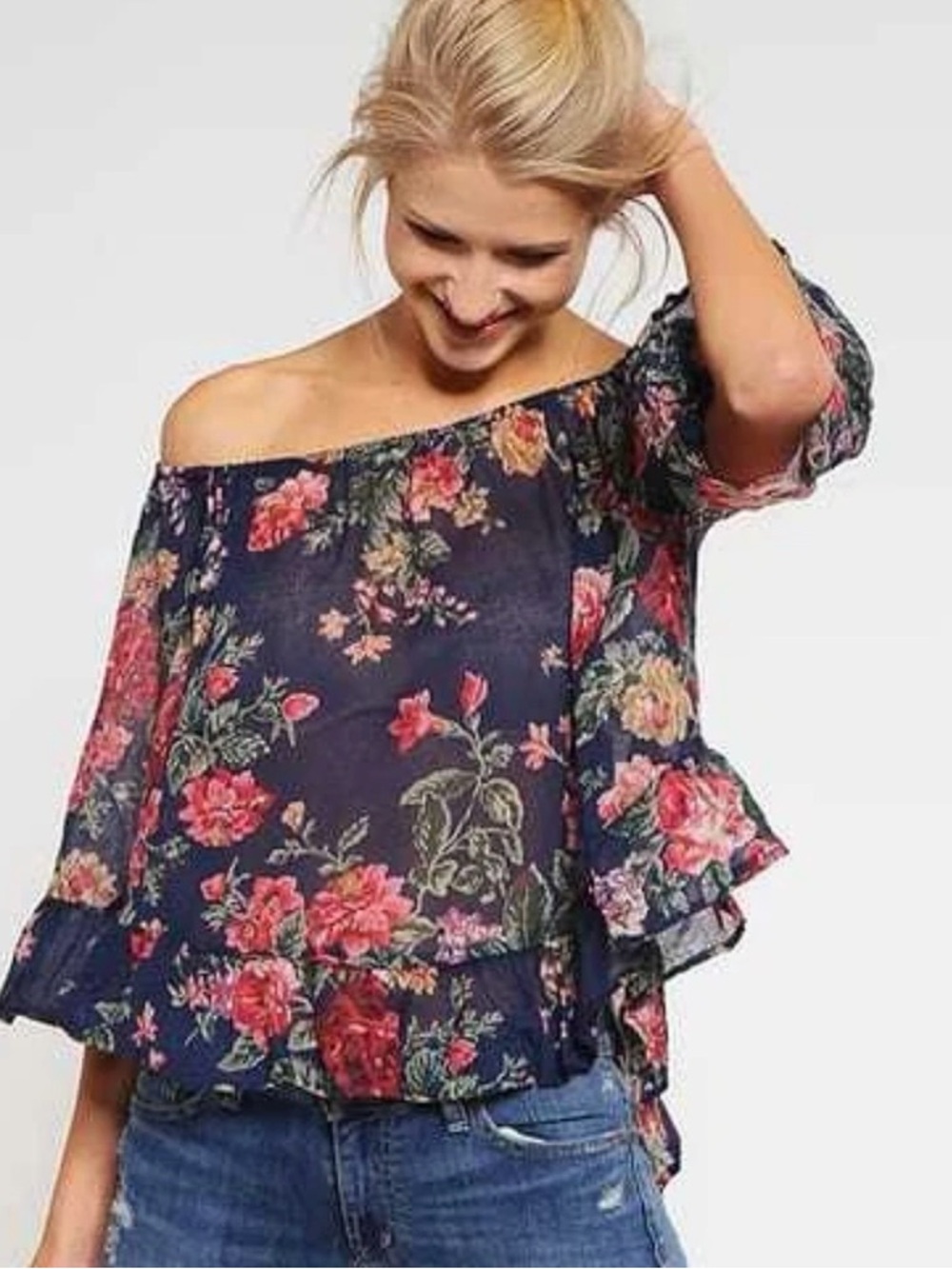 Denim & Supply Ralph Lauren Women's Blue Boho Floral Off The Shoulder Top M